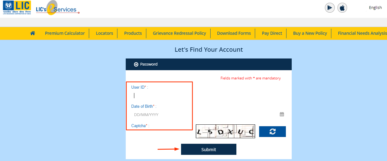 LIC Customer Portal forget password